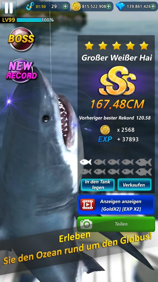 Hochformatige Spielszene aus Monster Fishing 2026, dritte Aufnahme der Google-Play-Galerie